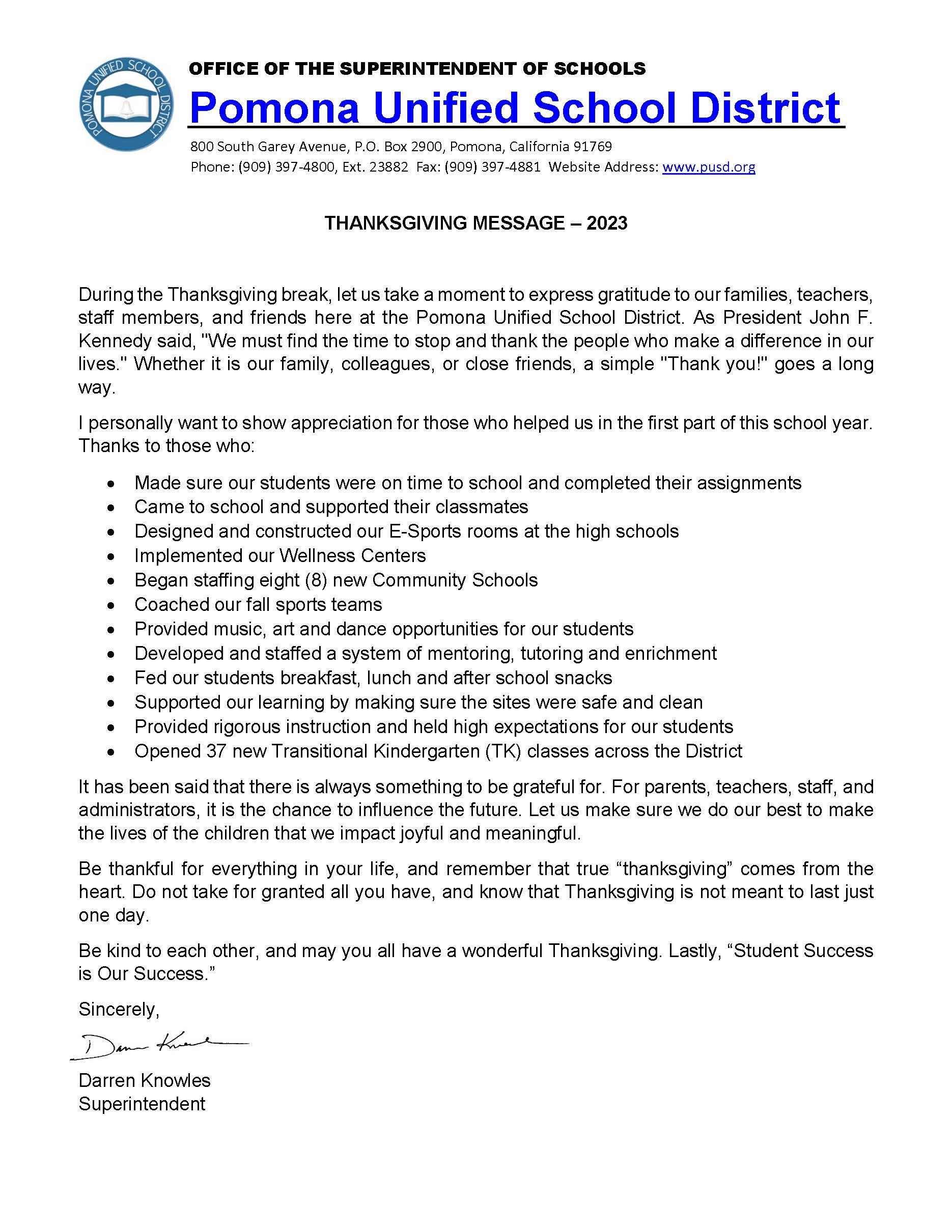 Superintendents thanksgiving message 2023- ENG